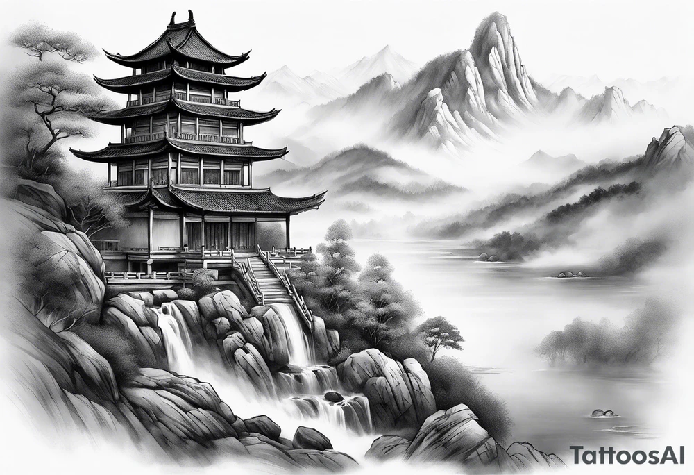 forearm sleeve traditional chinese art painting style autumn mountains mist fog water Chinese temple female with pony tail wearing robes seated meditating far away in the distance tattoo idea