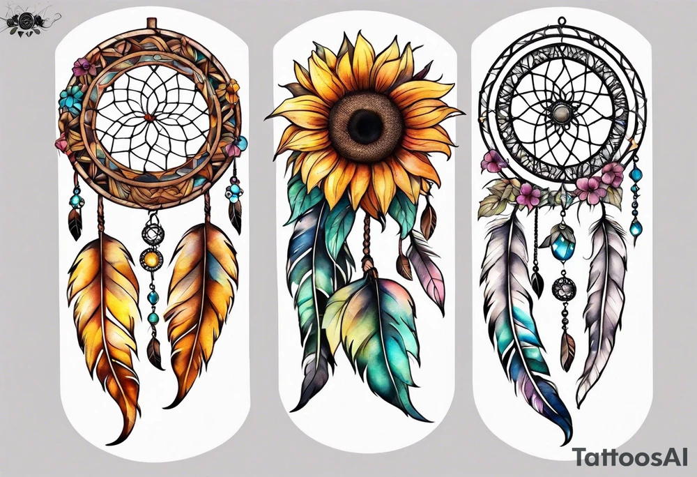 Dreamcatcher and sunflowers forearm sleeve tattoo idea
