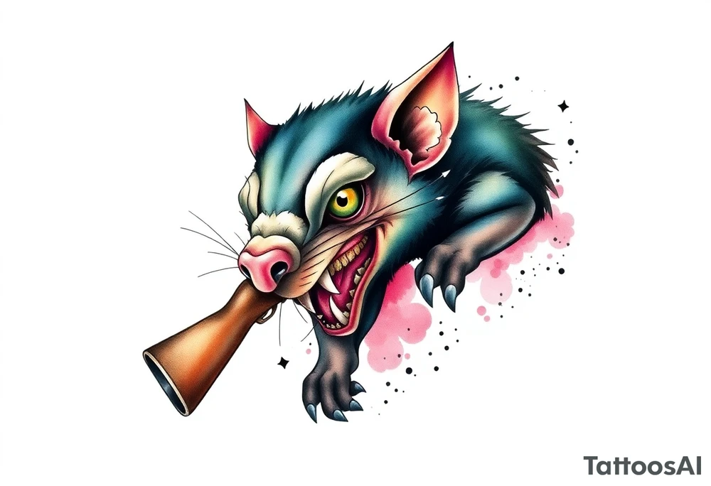 Wild looking Tasmanian devil with a shotgun tattoo idea