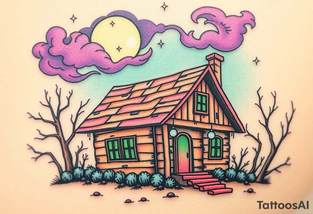 Tim Burton’s haunted pastel wood cabin home is abandoned and dripping with muted reds, dusty pinks, and eerie green glow.purple and cyan smokey clouds swirl in the crescent moonlit sky thats sprinkled with stars tattoo idea tattoo idea