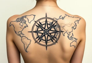 antique compass rose overlaid on weathered world map with sailing ships tattoo idea