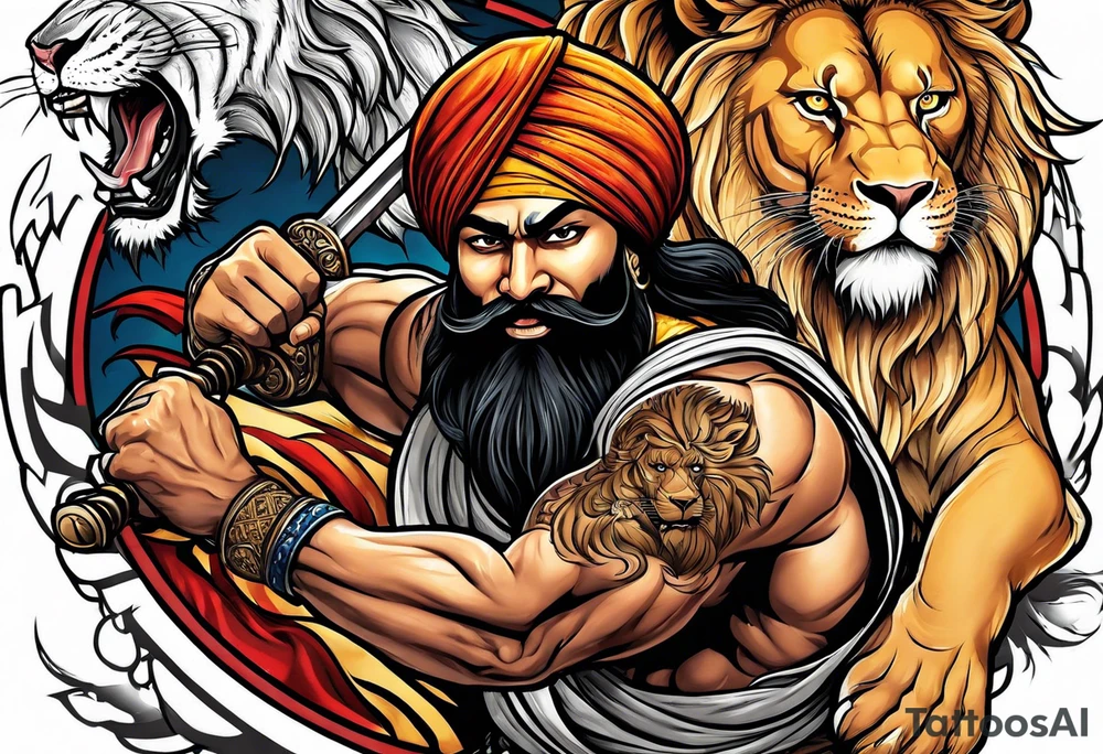 Sikh warrior fighting a lion with full anger tattoo idea