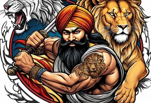 Sikh warrior fighting a lion with full anger tattoo idea