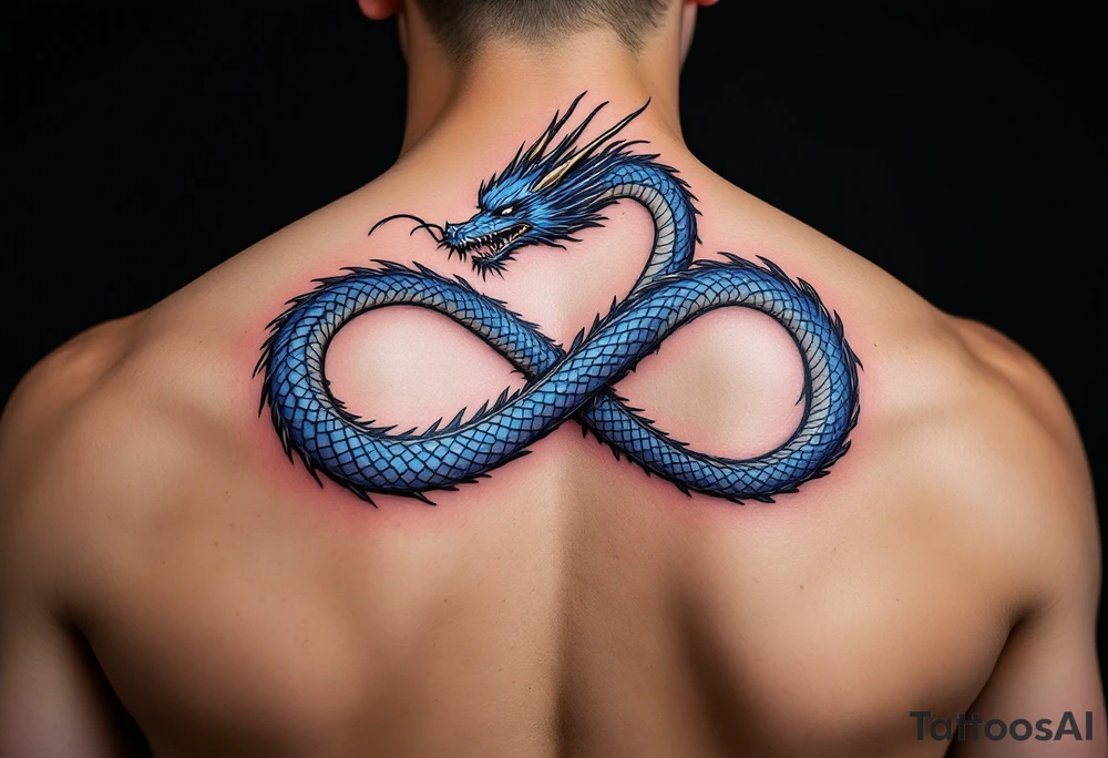 The design features a dragon, coiled in the shape of the infinity symbol (sideways number "8"). The dragon is depicted eating its own tail, symbolizing eternity and continuity, inspired by the Ouroboros.

Details:

The dragon's body has vibrant, glossy blue scales, with a smooth and polished texture.
It maintains a clean, balanced shape in the infinity figure, with sharp details and elegant flow.
Style:

The focus remains on the dragon's form, with no additional background elements to keep the design minimal and modern. tattoo idea