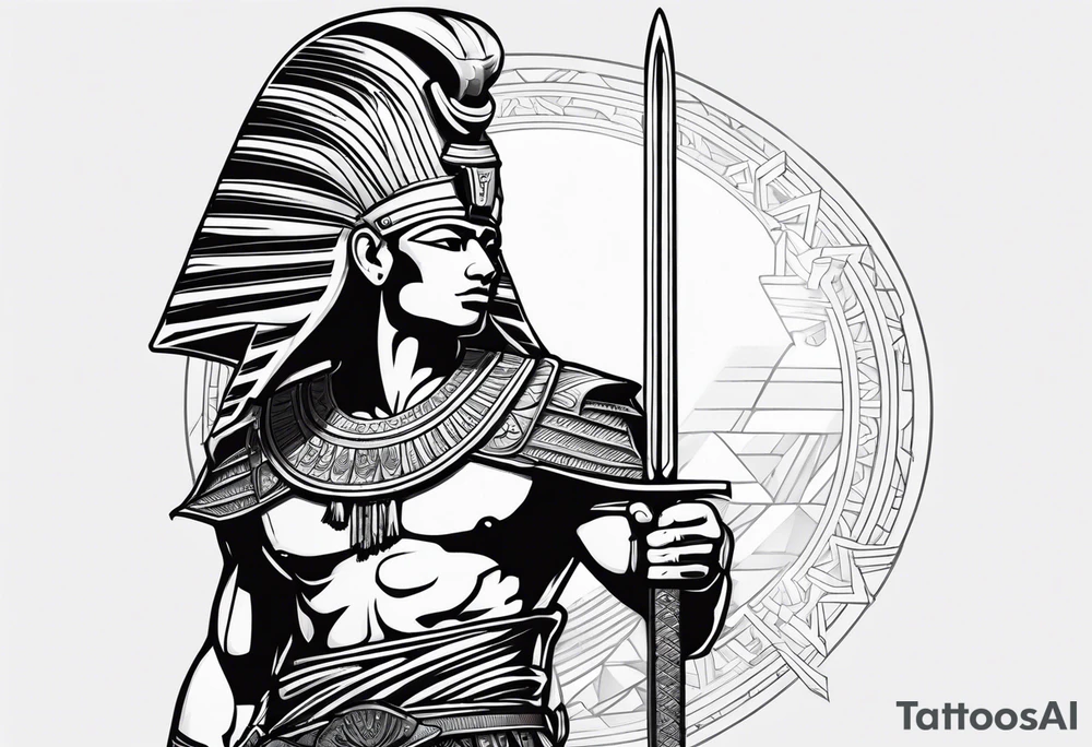 realistic egyptian warrior in profile with a sword in his hand. tattoo idea