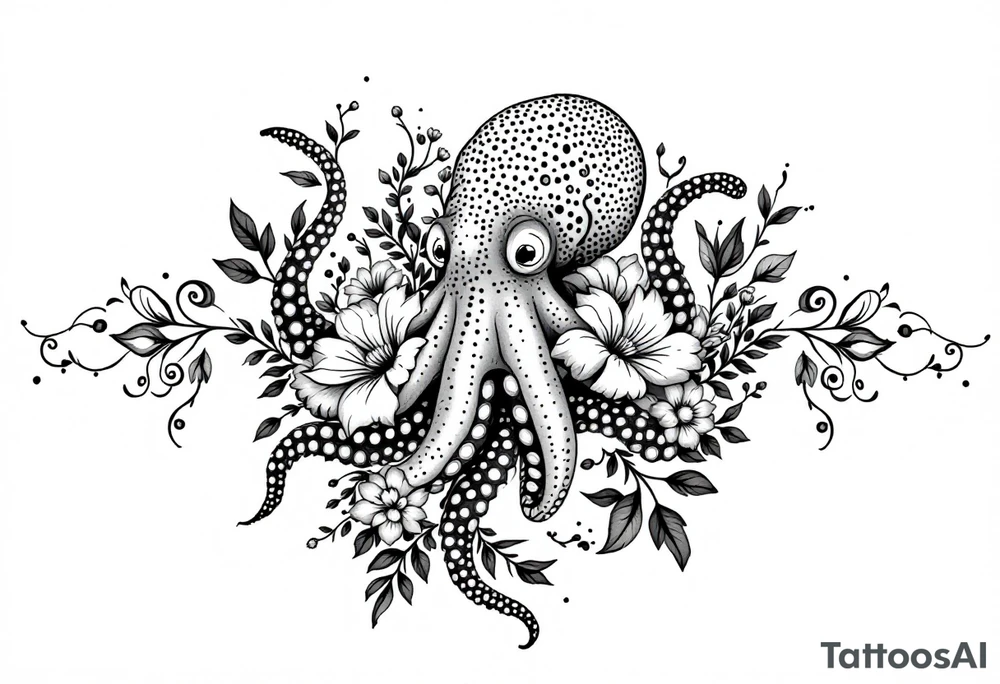 realistic octopus, detailed linework, intricate, black-and-grey shading, surrounded by floral ornaments, intertwining and merging with flowers, thin black swirling lines, semi-transparent brown leaves, dotwork, ornamental flourishes, radiating design, fine-line style, minimalistic, organic flow, feminine, artistic, slightly surreal, seamless composition, marine botanical fusion, lifelike texture, graceful rhythm, smooth shading, soft leaves wrapping, blooming shoulder flower, outward radiating pattern, vine tentacle flow, integrated sea creature, botanical octopus curved body placement, natural organic movement tattoo idea