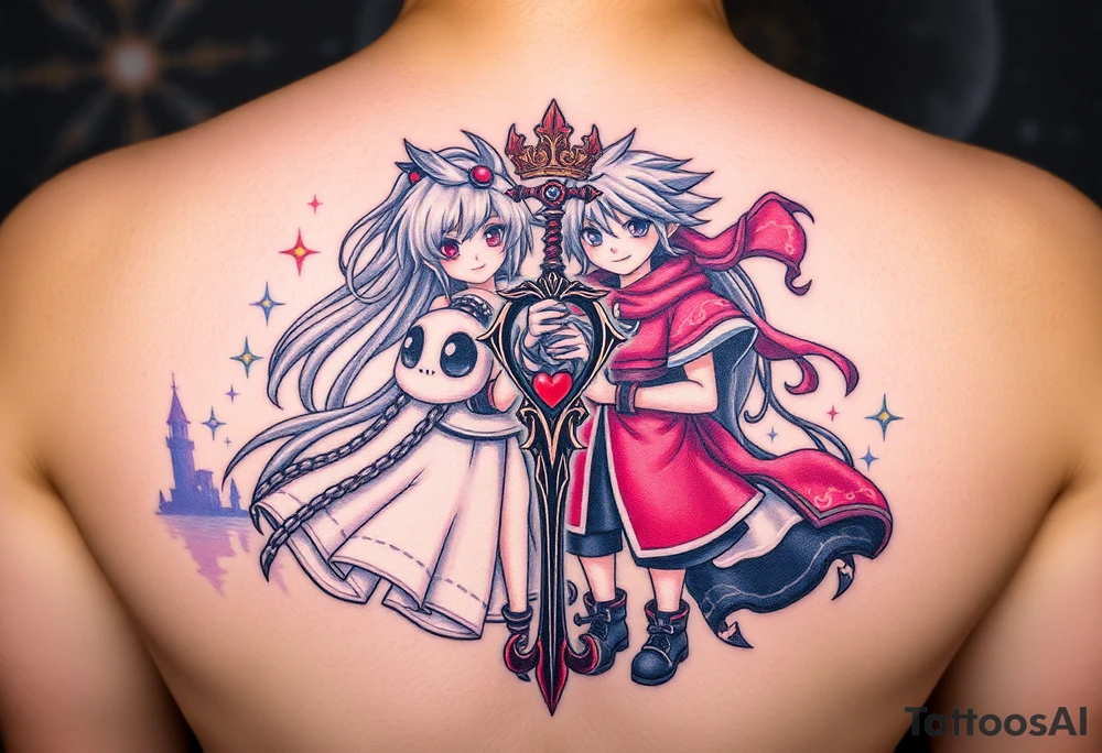 Kingdom Hearts tattoo design featuring from the game, together in a dynamic, united pose. The centerpiece should include the Heartless Keyblade, with a beautiful and ethereal Kingdom Hearts-inspired background—think glowing stars, floating islands, and stained-glass elements in backroung. The design should capture themes of friendship, light vs. darkness, and adventure. Style should be detailed, fantasy-oriented, and suitable for a large piece tattoo idea