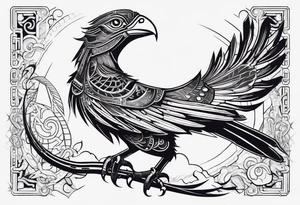 Minimalist Sci-fi 
Cyberpunk Mayan Quetzal bird/dinosaur that is narrow and has neurons coming from the bottom. tattoo idea