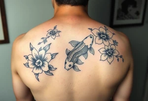 2004 in bold with small koi fish and Japanese blossoms tattoo idea