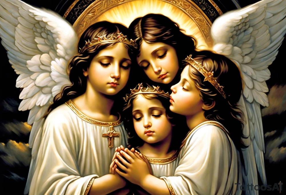 n the center of the tattoo, there's a serene scene of three angels praying together. The two boy angels are on either side of the girl angel, with their wings gently enfolding her in a protective embrace. Each angel has a peaceful expression on their face, and their hands are clasped together in prayer. Rays of light emanate from above, surrounding the angels with a divine glow. tattoo idea