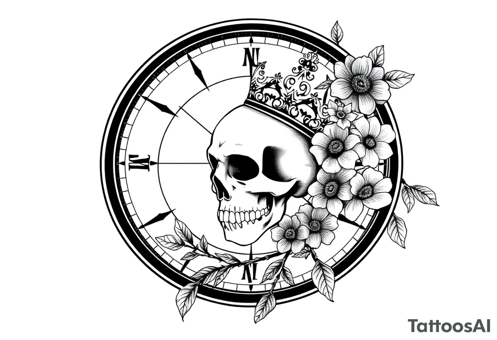 Compass with detailed beautiful gothic boho flowers on vine and skull with gorgeous crown tattoo idea