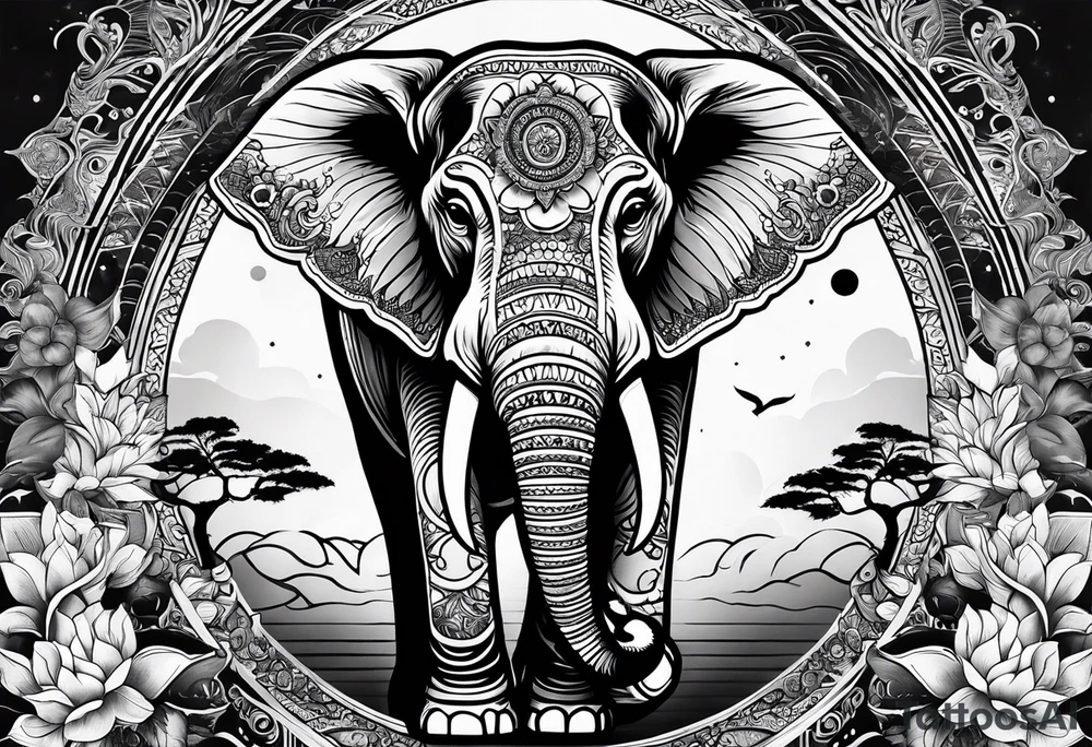 a elephant and a sun tattoo idea
