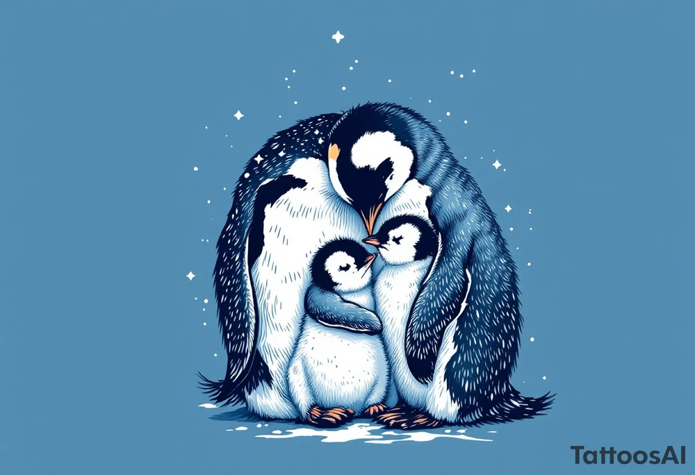 A penguin mother in black and white cuddling her chick in a snowy blue background shows warmth and constant presence. tattoo idea