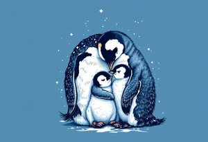 A penguin mother in black and white cuddling her chick in a snowy blue background shows warmth and constant presence. tattoo idea