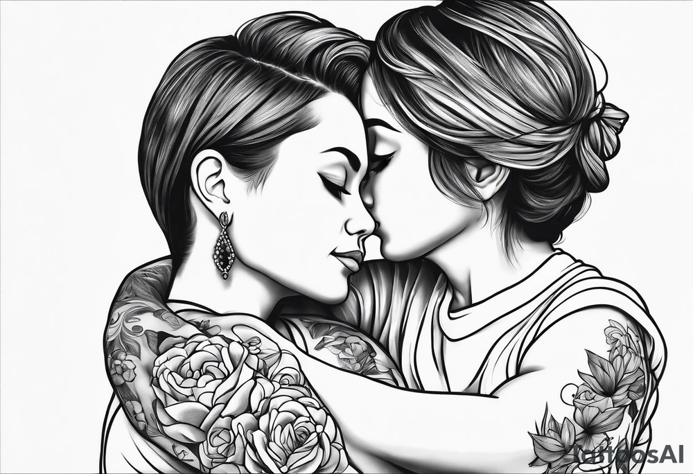 A simple outline of a mom holding her to kids tattoo idea