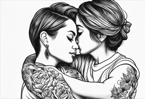 A simple outline of a mom holding her to kids tattoo idea
