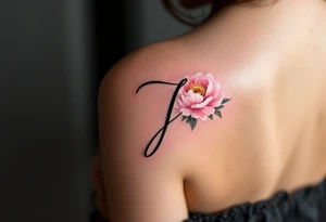 Elegant cursive "J" in deep black ink, wrapped with a soft pinky peonies tattoo idea