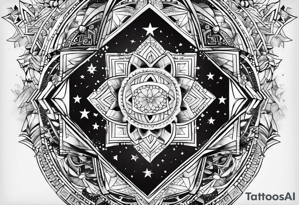 Geometric tattoo for back and neck with straight line going up beck depicting saying “keep your feet in the ground and your eyes on the stars” tattoo idea