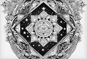 Geometric tattoo for back and neck with straight line going up beck depicting saying “keep your feet in the ground and your eyes on the stars” tattoo idea