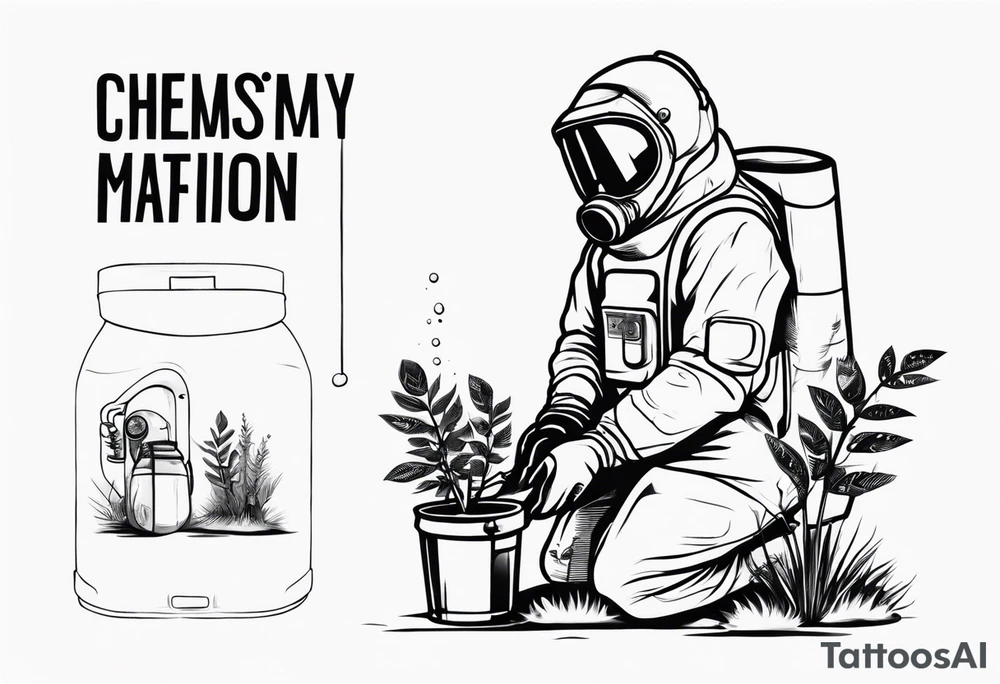 chernobyl radiation suit with cleaning tank spraying a plant tattoo idea