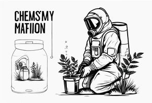 chernobyl radiation suit with cleaning tank spraying a plant tattoo idea