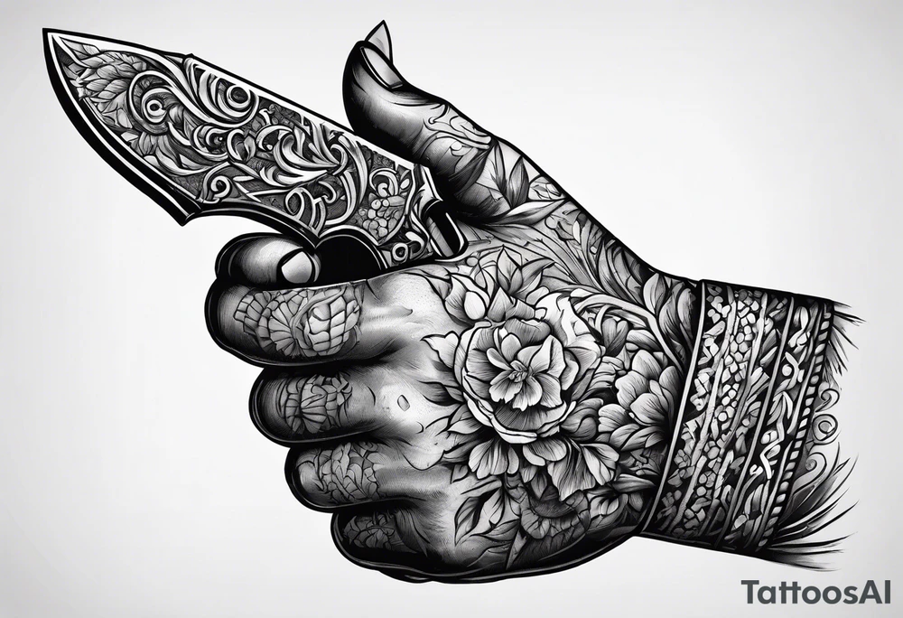 Hand getting stabbed by a knife, knife going through hand, with blood, 3 inches long tattoo idea