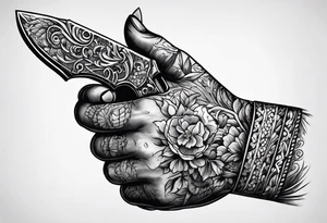 Hand getting stabbed by a knife, knife going through hand, with blood, 3 inches long tattoo idea