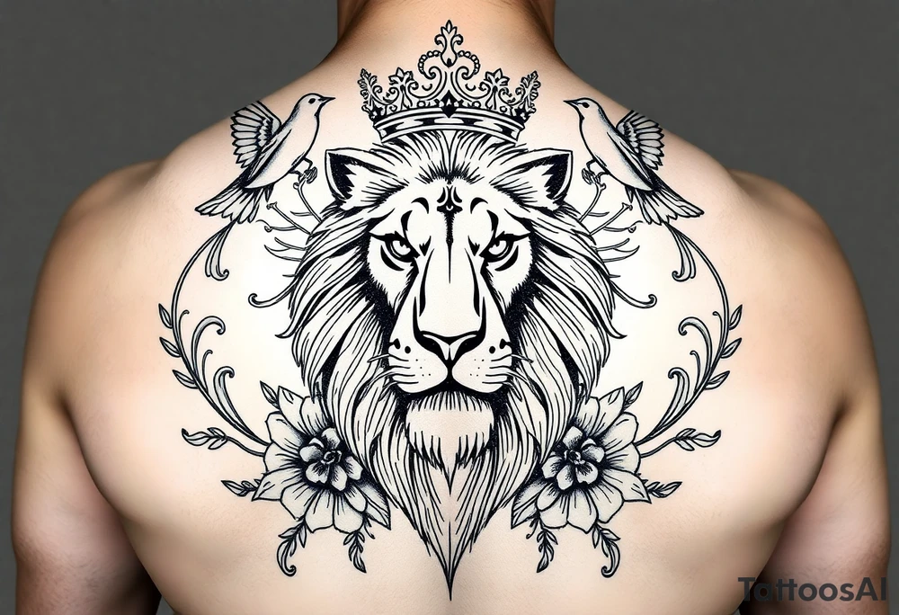 powerful majestic lion with a crown, surrounded by floral ornaments and birds tattoo idea