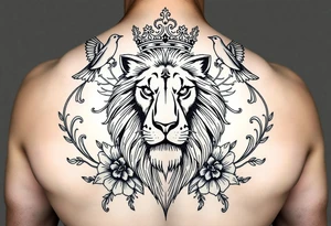 powerful majestic lion with a crown, surrounded by floral ornaments and birds tattoo idea