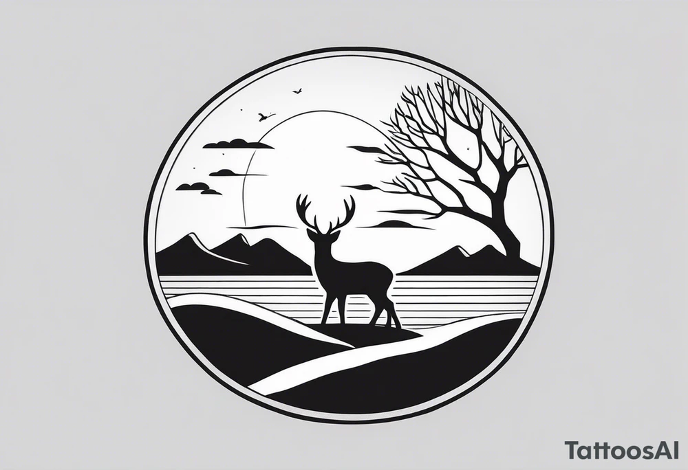 “Generate a minimalist tattoo showcasing a symmetrical scene of rolling hills and a rising sun, with small animals like deer or foxes incorporated into the design. tattoo idea