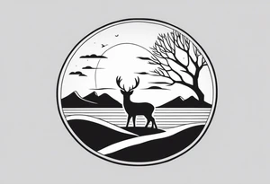“Generate a minimalist tattoo showcasing a symmetrical scene of rolling hills and a rising sun, with small animals like deer or foxes incorporated into the design. tattoo idea