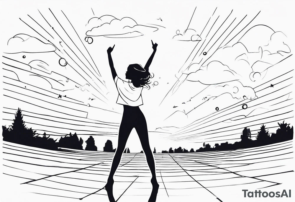 Woman on a dancefloor pointing her fingers up in the sky tattoo idea