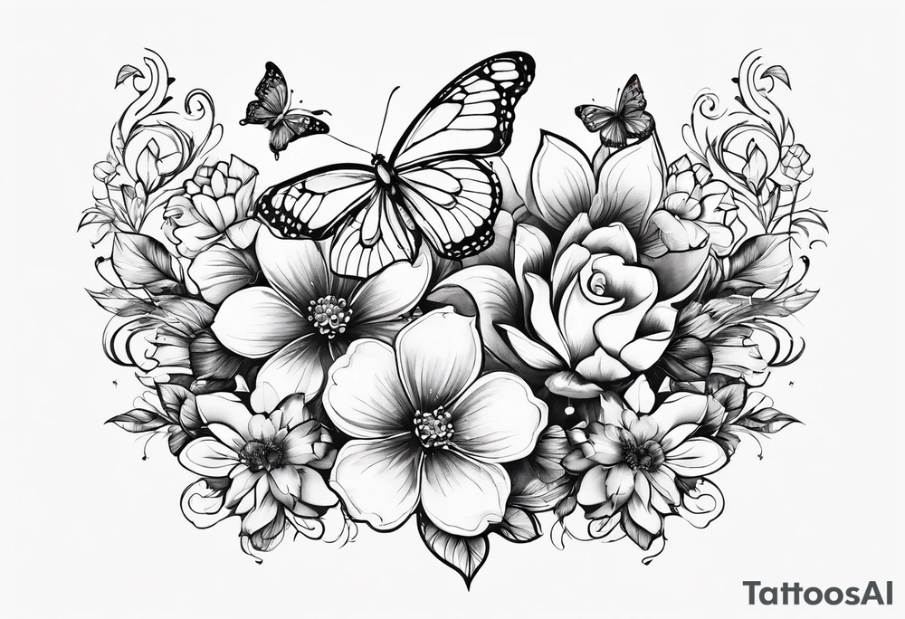 Flowers with "Ruby" in calligraphy font and butterflies around it tattoo idea Flowers with "Ruby" in calligraphy font and butterflies around it tattoo idea