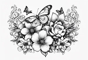 Flowers with "Ruby" in calligraphy font and butterflies around it tattoo idea