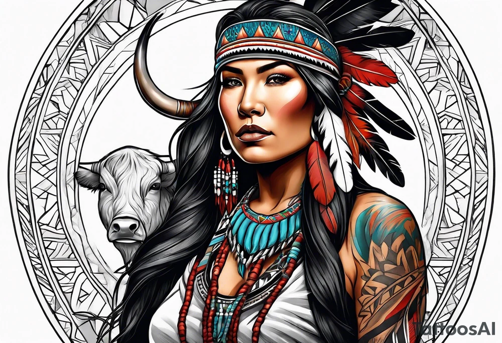 Native American woman  full body with buffalo blanket tattoo idea