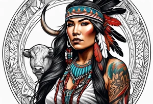 Native American woman  full body with buffalo blanket tattoo idea