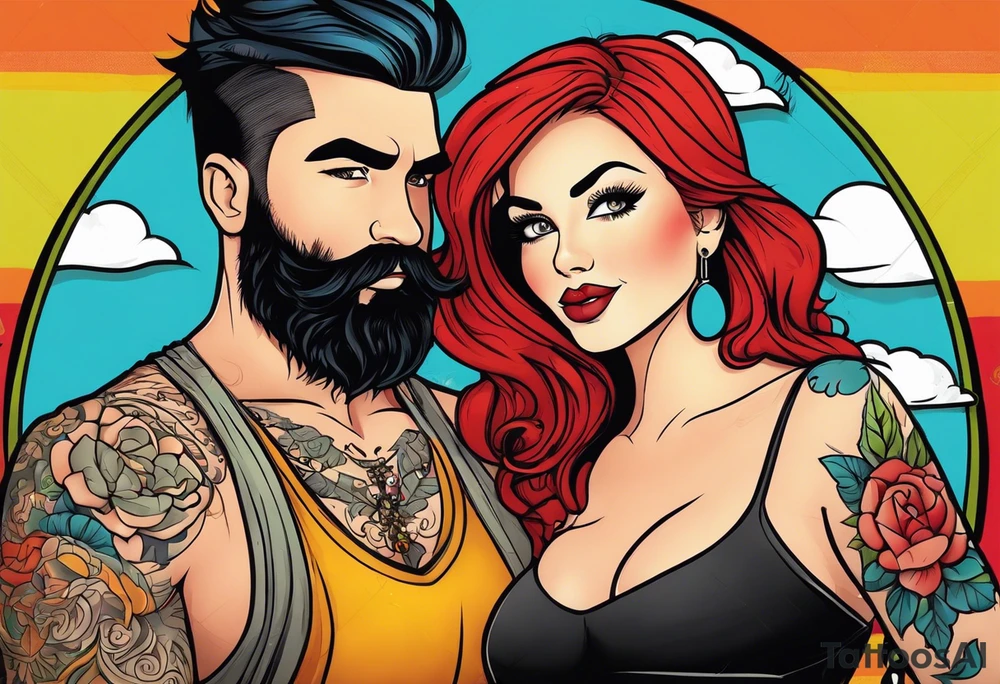 Busty Red haired woman with black haired bearded man tattoo idea