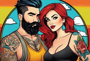 Busty Red haired woman with black haired bearded man tattoo idea