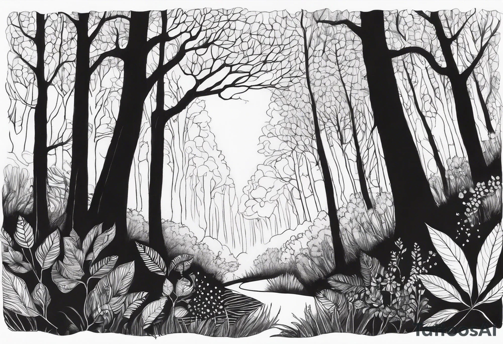 Draw me a Magical forest with s lot of trees tattoo idea