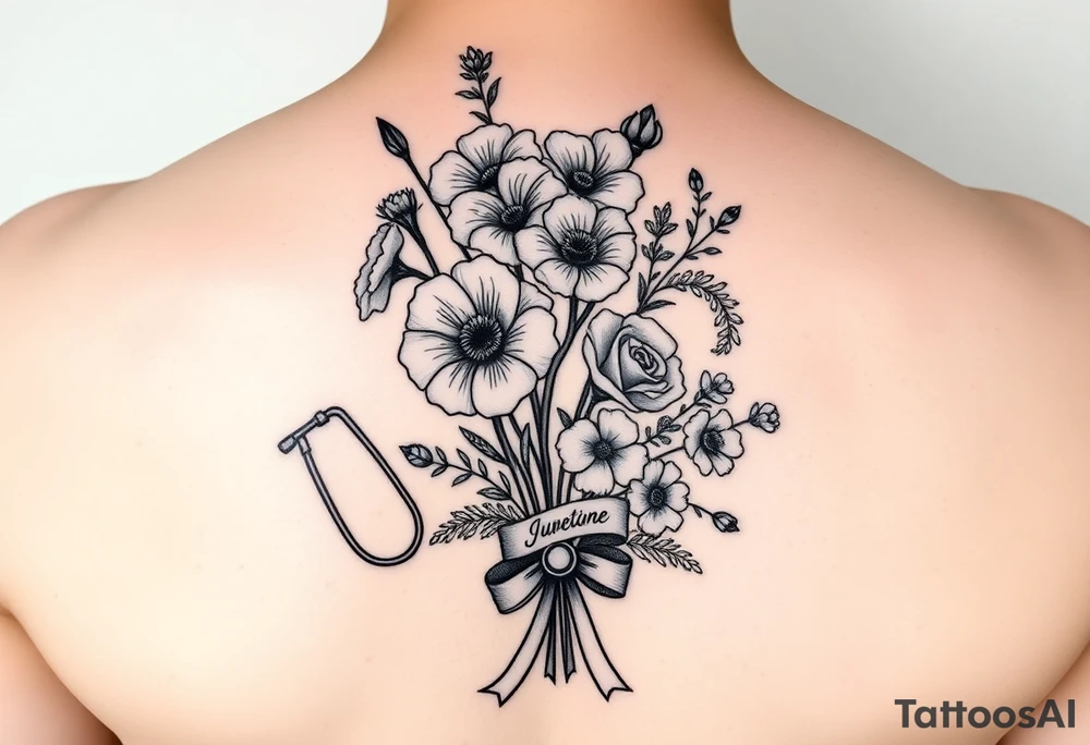 6 inches tall by 4 inches wide approximately, black and white tattoo with a bouquet of hollyhocks, one wild rose, and two wild flowers, put a stethoscope along side seperately from and include the name June Etta, Roxy, and Rosalie among the flowers , make the tattoo taller than it is wide, make the bouquet have a ribbon bow towards the bottom holding the flowers like they had just been picked from the garden tattoo idea