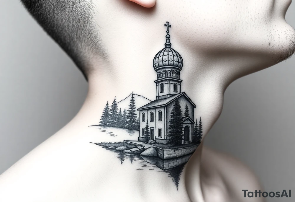medium sized russian orthodox dome church with a separated virgin mary praying beside a lake and pine trees on the sized of my neck tattoo idea