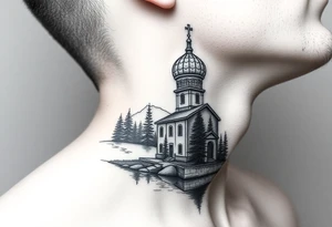 medium sized russian orthodox dome church with a separated virgin mary praying beside a lake and pine trees on the sized of my neck tattoo idea