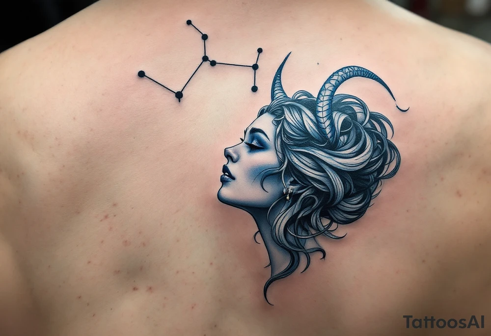 A Virgo maiden inked in sky blue gazes upward at her constellation, drawn in white above her head. tattoo idea