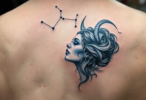 A Virgo maiden inked in sky blue gazes upward at her constellation, drawn in white above her head. tattoo idea