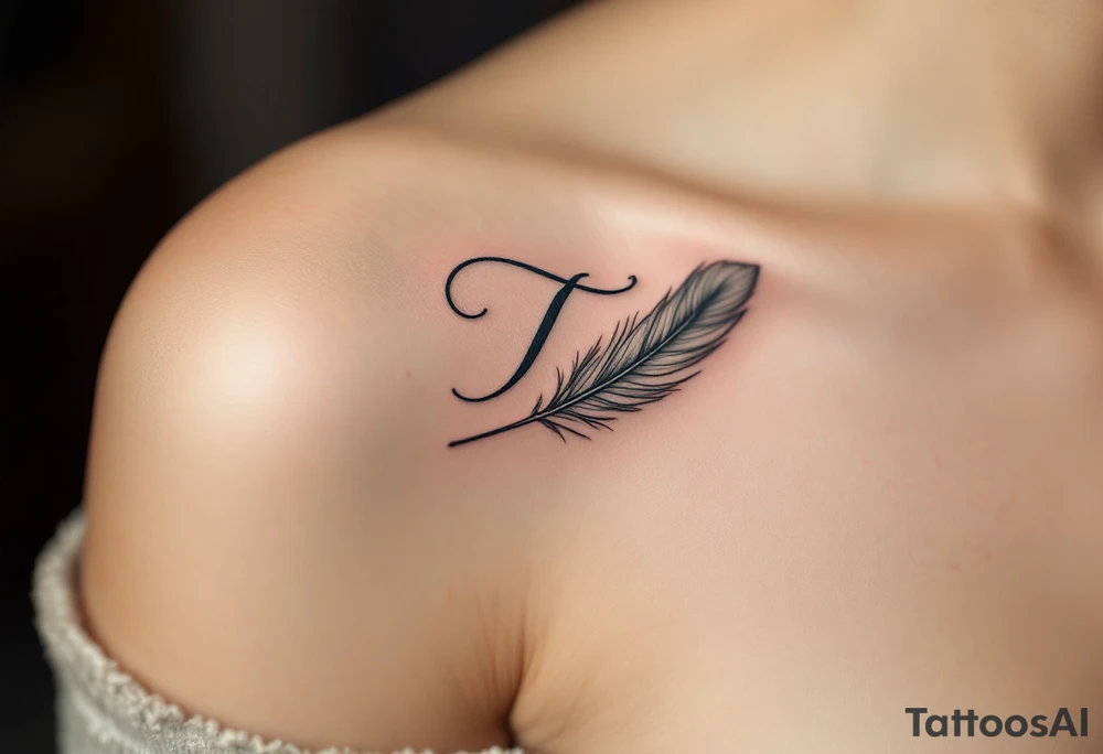 A soft gray "T" with a feather wrapped around its stem, symbolizing lightness. tattoo idea