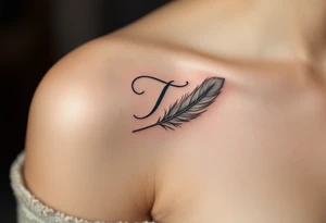 A soft gray "T" with a feather wrapped around its stem, symbolizing lightness. tattoo idea