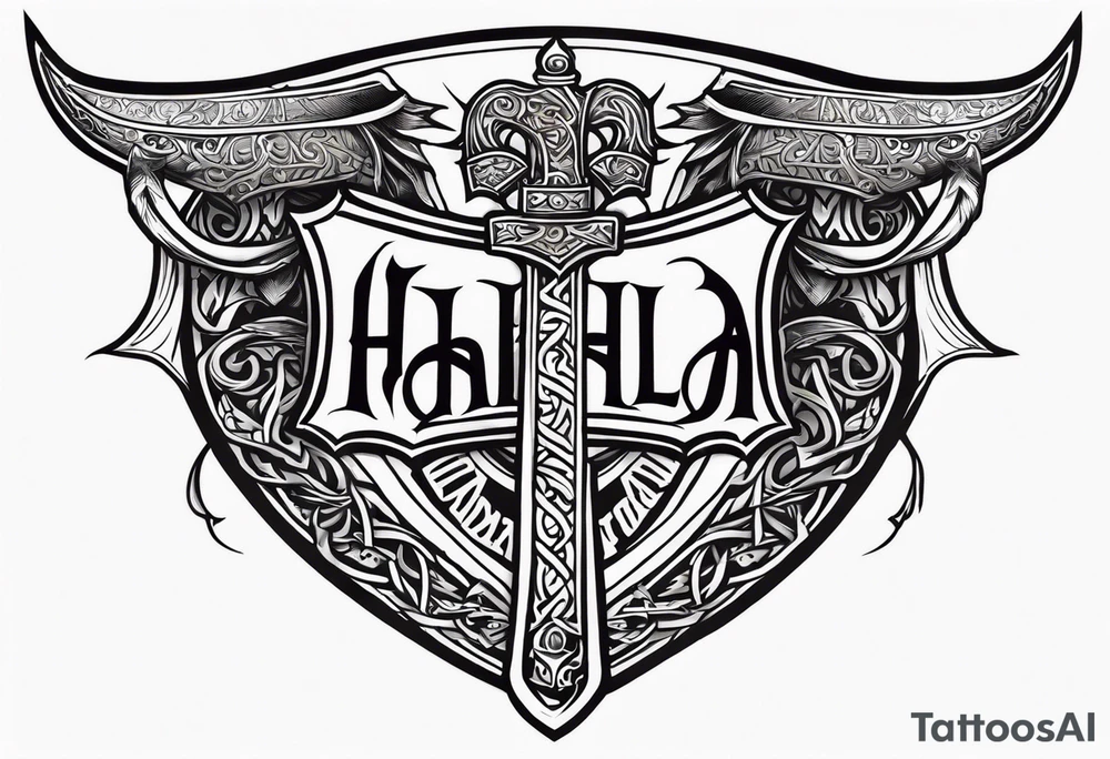 Valhalla sword shield dragon axe viking church tattoo idea