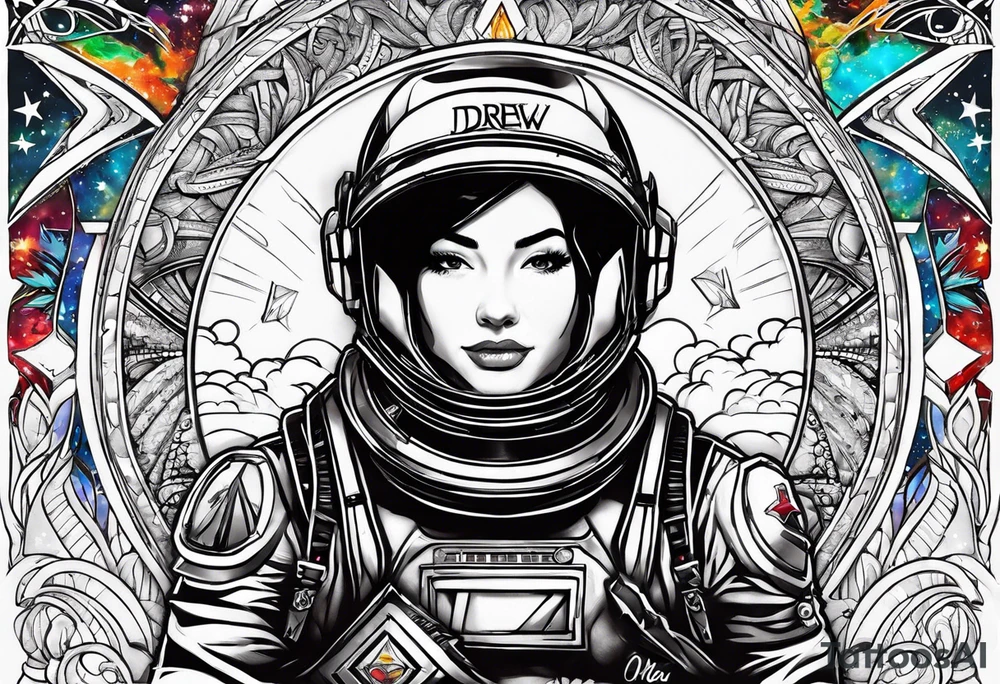 I want the name "Drew" with a space background tattoo idea