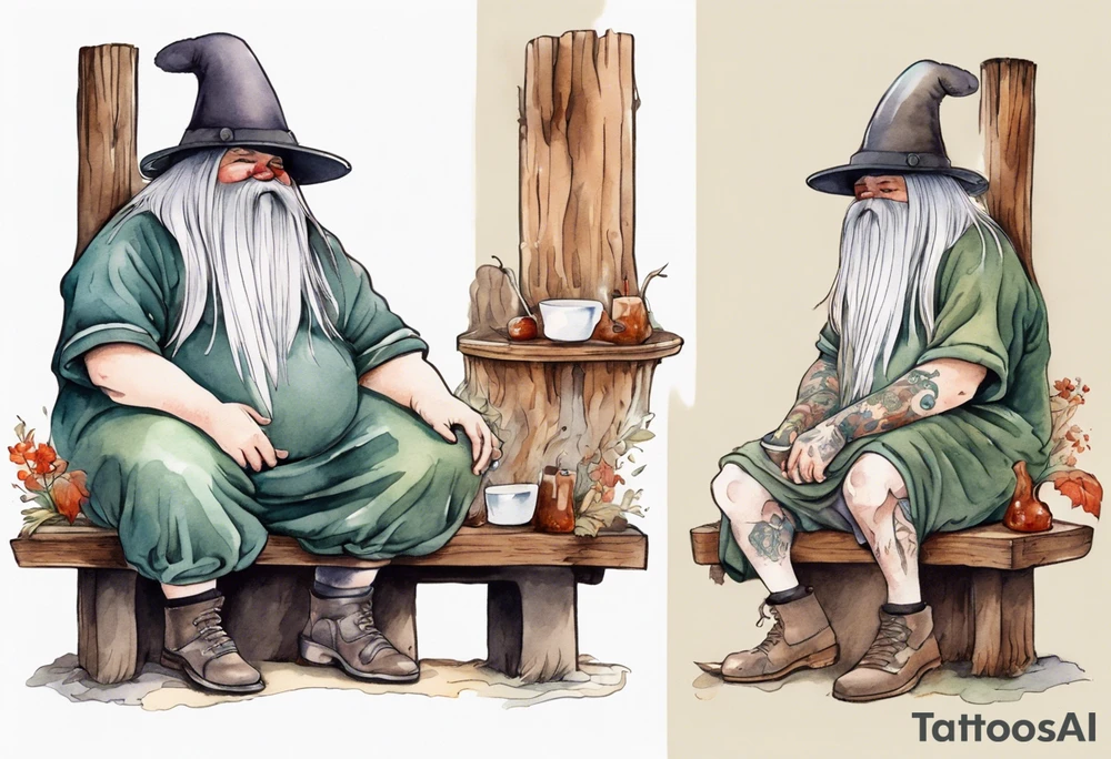 fat cousin it wearing a mushroom hat and medieval tunic sitting on a bench by a fireplace drinking from a wood cup, tattoo idea
