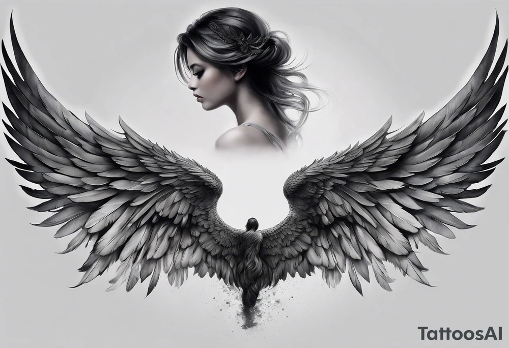 Realistic angel wings extending from the shoulders, covering the upper arms and upper back. The feathers are intricately detailed, with soft shading in black and gray to create depth and texture. The wings gently converge in the middle of the back, forming a harmonious and cohesive design. tattoo idea